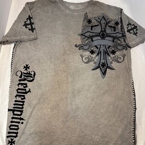 Raw State Graphic Cross Print T-Shirt Gray Short Sleeve